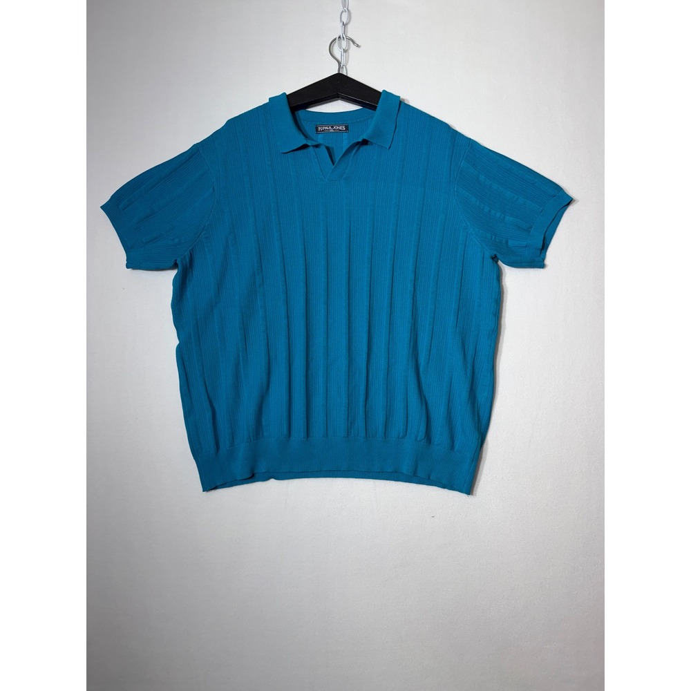 PJ Paul Jones Mens 2XL Teal Blue Ribbed Knit Short Sleeve V-Neck Polo Shirt